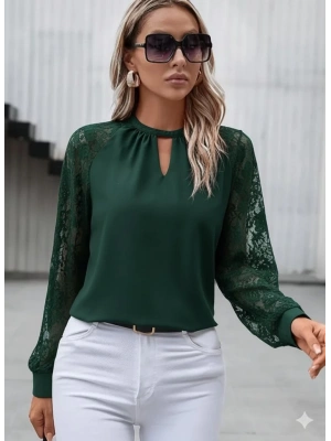 Kadın Uzun Dantel Kollu Yuvarlak Yakalı Sandy Bluz
