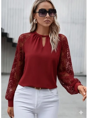 Kadın Uzun Dantel Kollu Yuvarlak Yakalı Sandy Bluz