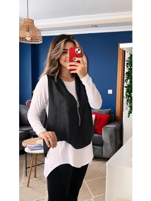 Kadın Uzun Kol Asimetrik Kesim Viskon Bluz Ve çatlak Deri Görünümlü Fermuar Detaylı Yelek Ikili Takım