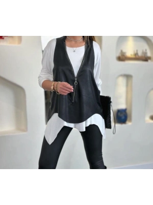 Kadın Uzun Kol Asimetrik Kesim Viskon Bluz Ve çatlak Deri Görünümlü Fermuar Detaylı Yelek Ikili Takım