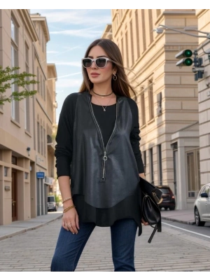 Kadın Uzun Kol Asimetrik Kesim Viskon Bluz Ve çatlak Deri Görünümlü Fermuar Detaylı Yelek Ikili Takım