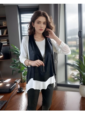 Kadın Uzun Kol Asimetrik Kesim Viskon Bluz Ve çatlak Deri Görünümlü Fermuar Detaylı Yelek Ikili Takım