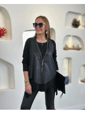 Kadın Uzun Kol Asimetrik Kesim Viskon Bluz Ve çatlak Deri Görünümlü Fermuar Detaylı Yelek Ikili Takım