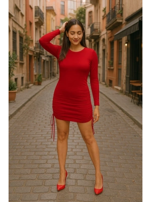 Kadın Uzun Kol Büzgü Detaylı andy Kumaş Ayarlanabilir Boy Fırsat Ürün Elbise