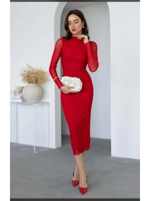 Kadın Uzun Kol Tül Drapeli Midi Boy Elbise