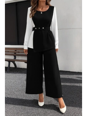 Kadın Uzun Kollu Açık Yakalı çift Renkli Kemerli Ithal Krep Ikili Takım