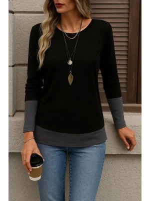 Kadın Uzun Kollu Açık Yuvarlak Yaka Blok Renkli Viskon Bluz