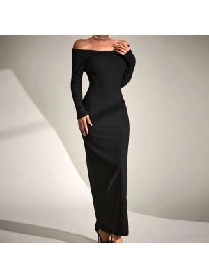 Kadın Uzun Kollu adonna Yaka Bürümcük Kumaş axi Boy Elbise