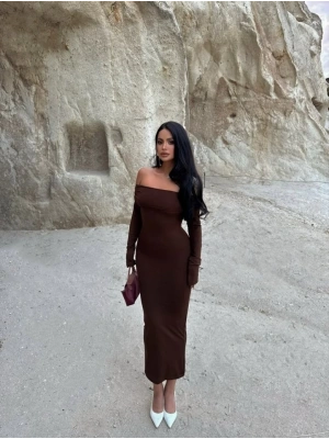 Kadın Uzun Kollu Madonna Yaka Midi Boy Elbise