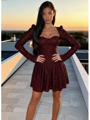 Kadın Uzun Kollu Armut Yaka Pul Payet Işlemeli ini Gece Elbisesi