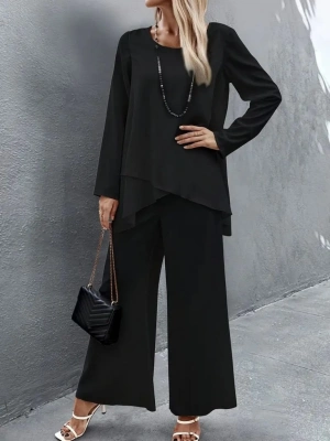 Kadın Uzun Kollu Asimetrik Detaylı Salaş Sandy Bluz Ve Pantolon Ikili Takım