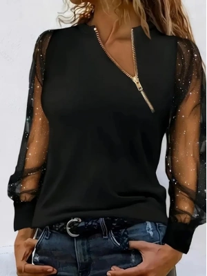 Kadın Uzun Kollu Asimetrik Fermuar Detaylı Viskon Iki Iplik Bluz