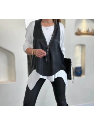 Kadın Uzun Kollu Asimetrik Kesim Viskon Bluz Ve çatlak Deri Görünümlü Yelek Ikili Takım