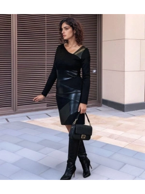 Kadın Uzun Kollu Asimetrik Yaka Süet Ve Deri Mini Boy Elbise