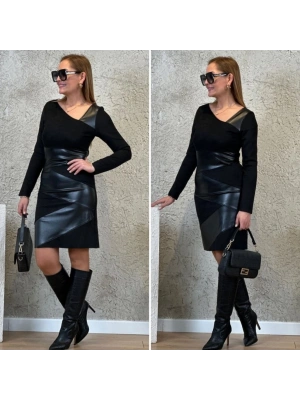 Kadın Uzun Kollu Asimetrik Yaka Süet Ve Deri Mini Boy Elbise
