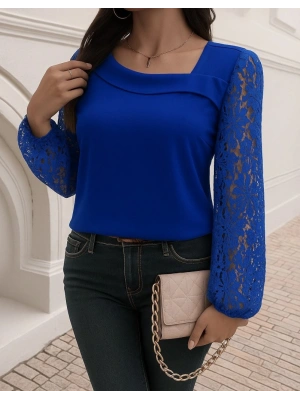 Kadın Uzun Kollu Asimetrik Yakalı Dantelli Ithal Krep Bluz