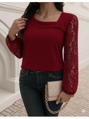Kadın Uzun Kollu Asimetrik Yakalı Dantelli Ithal Krep Bluz