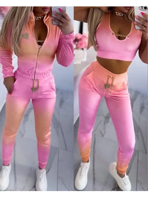 Kadın Uzun Kollu Askılı Yuvarlak Yakalı Krop Bluz, Uzun Kollu önden Fermuarlı Ceket Ve Pantolon Dalgıç üçlü Takım