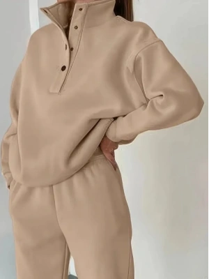 Kadın Uzun Kollu Balıkçı Dik Yakalı Düğmeli üç Iplik Bluz Ve Pantolon Ikili Takım