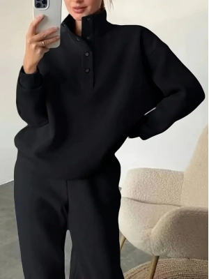 Kadın Uzun Kollu Balıkçı Dik Yakalı Düğmeli üç Iplik Bluz Ve Pantolon Ikili Takım