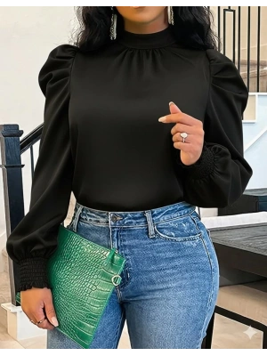 Kadın Uzun Kollu Balıkçı Yaka Arkadan Bağlamalı Omuzlardan Balon Ithal Krep Bluz