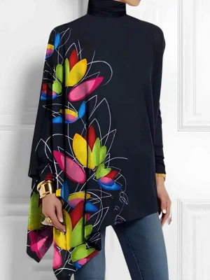 Kadın Uzun Kollu Balıkçı Yaka Asimetrik Kesim Dalgıç Kumaş Bluz