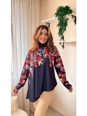 Kadın Uzun Kollu Balıkçı Yaka Asimetrik Kesim Dalgıç Kumaş Bluz