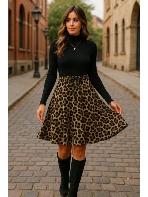 Kadın Uzun Kollu Balıkçı Yaka Belden Bağlamalı üst Kaşkorse Eteği Dalgıç Elbise