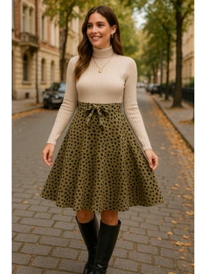 Kadın Uzun Kollu Balıkçı Yaka Belden Bağlamalı üst Kaşkorse Eteği Dalgıç Elbise