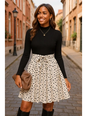 Kadın Uzun Kollu Balıkçı Yaka Belden Bağlamalı üst Kaşkorse Eteği Dalgıç Kısa Elbise