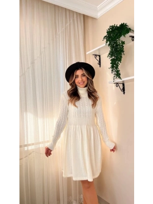 Kadın Uzun Kollu Balıkçı Yaka Belden Yaka Belden Büzgülü Kısa Triko Elbise