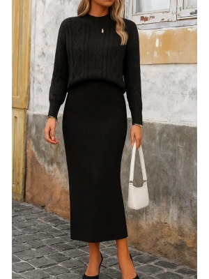 Kadın Uzun Kollu Balıkçı Yaka Bluz Ve Etek Ikili Triko Takım