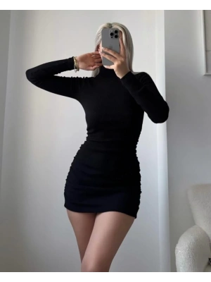 Kadın Uzun Kollu Balıkçı Yaka Büzgü Detay Kaşkorse Kumaş Mini Elbise