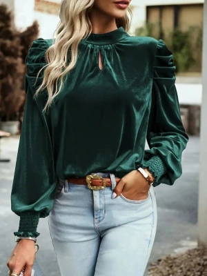 Kadın Uzun Kollu Balıkçı Yaka Damla Detaylı Kadife Bluz