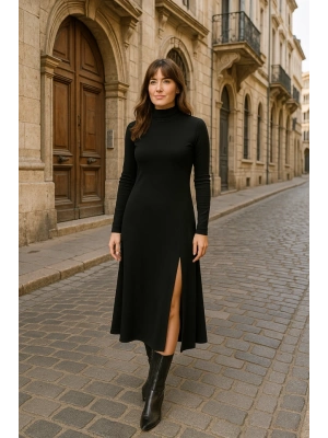 Kadın Uzun Kollu Balıkçı Yaka Derin Yırtmaç Detay Krep Elbise 120 Cm