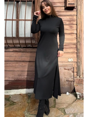 Kadın Uzun Kollu Balıkçı Yaka Derin Yırtmaç Detay Krep Elbise