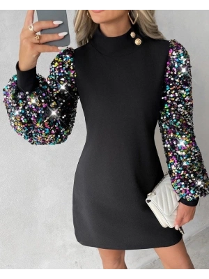 Kadın Uzun Kollu Balıkçı Yaka Düğme Detay Renkli Pul Payet Kol Scuba Krep Elbise