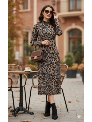 Kadın Uzun Kollu Balıkçı Yaka eopar Desenli idi Boy Elbise