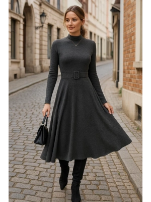 Kadın Uzun Kollu Balıkçı Yaka Kemer Detaylı Yumoş Midi Elbise