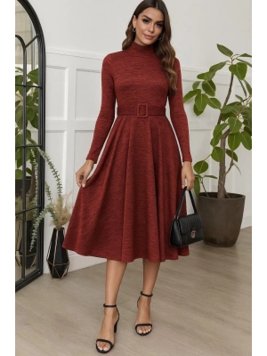 Kadın Uzun Kollu Balıkçı Yaka Kemer Detaylı Yumoş Midi Elbise