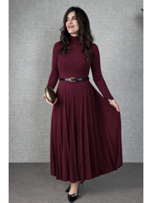 Kadın Uzun Kollu Balıkçı Yaka Kemersiz Pileli Uzun Sandy Elbise