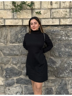 Kadın Uzun Kollu Balıkçı Yaka Kısa şardonlu Kaşkorse Elbise