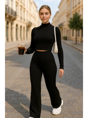 Kadın Uzun Kollu Balıkçı Yaka Krop Ve Pantolon şardonlu Kaşkorse Ikili Takım