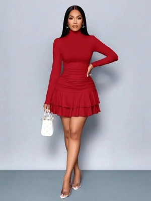 Kadın Uzun Kollu Balıkçı Yaka Mini Fırfırlı Sandy Elbise