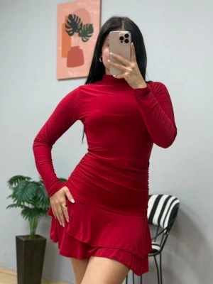 Kadın Uzun Kollu Balıkçı Yaka Mini Fırfırlı Sandy Elbise