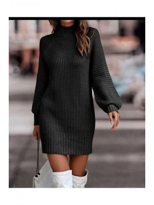 Kadın Uzun Kollu Balıkçı Yaka Mini Triko Elbise