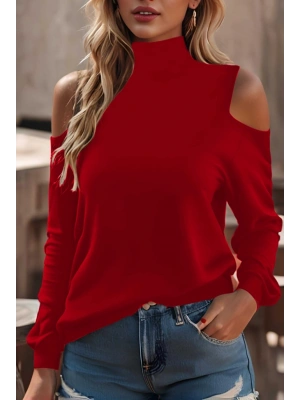 Kadın Uzun Kollu Balıkçı Yaka Omuz Pencere Detay Viskon Bluz