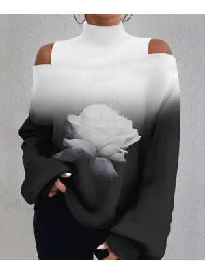 Kadın Uzun Kollu Balıkçı Yaka Omuz Pencereli Gül Dijital Baskılı şardonlu Dalgıç Salaş Bluz