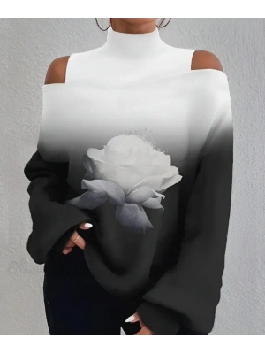 Kadın Uzun Kollu Balıkçı Yaka Omuz Pencereli Gül Dijital Baskılı şardonlu Dalgıç Salaş Bluz