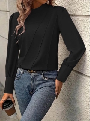 Kadın Uzun Kollu Balıkçı Yaka önden Dikişli Dokuma Bluz